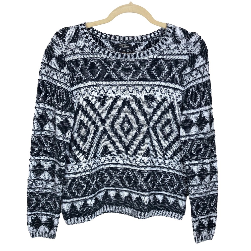 Lucky Brand Women's Knit Geometric Sweater M Black White Cotton Pullover Tribal